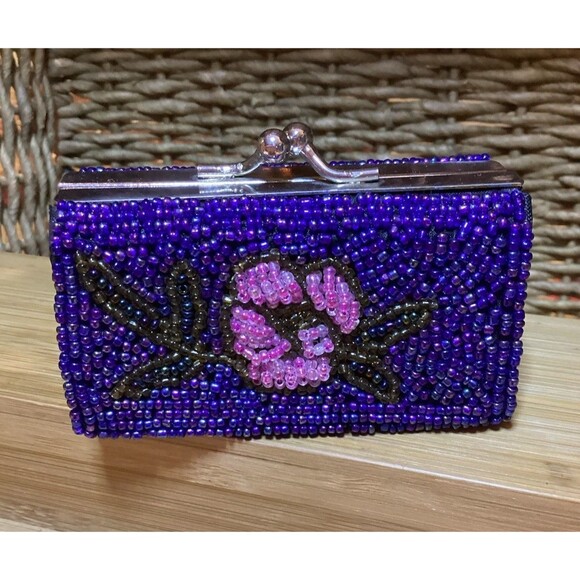 Beaded Coin Purse Far Nine Floral Blue & Pink Mini Lipstick Case Vintage - Picture 2 of 6